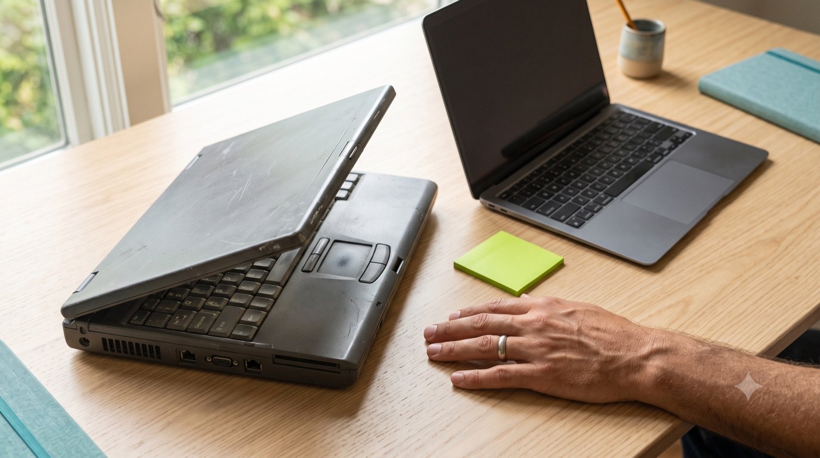 Stary i nowy laptop obok siebie na biurku