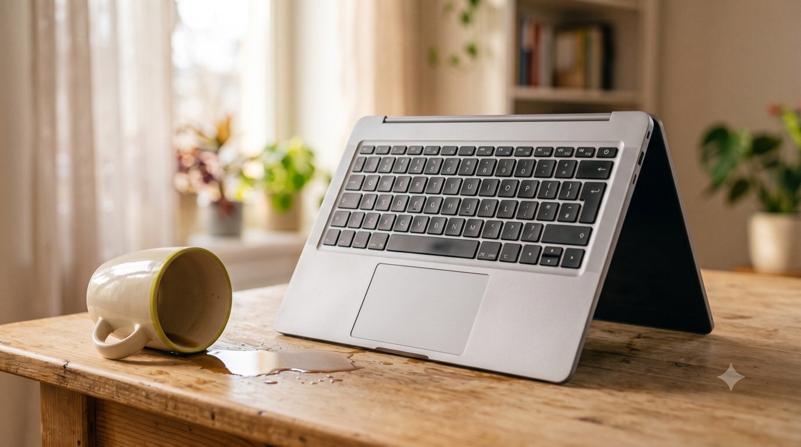 Zalany laptop postawiony do wyschnięcia obok rozlanego kubka